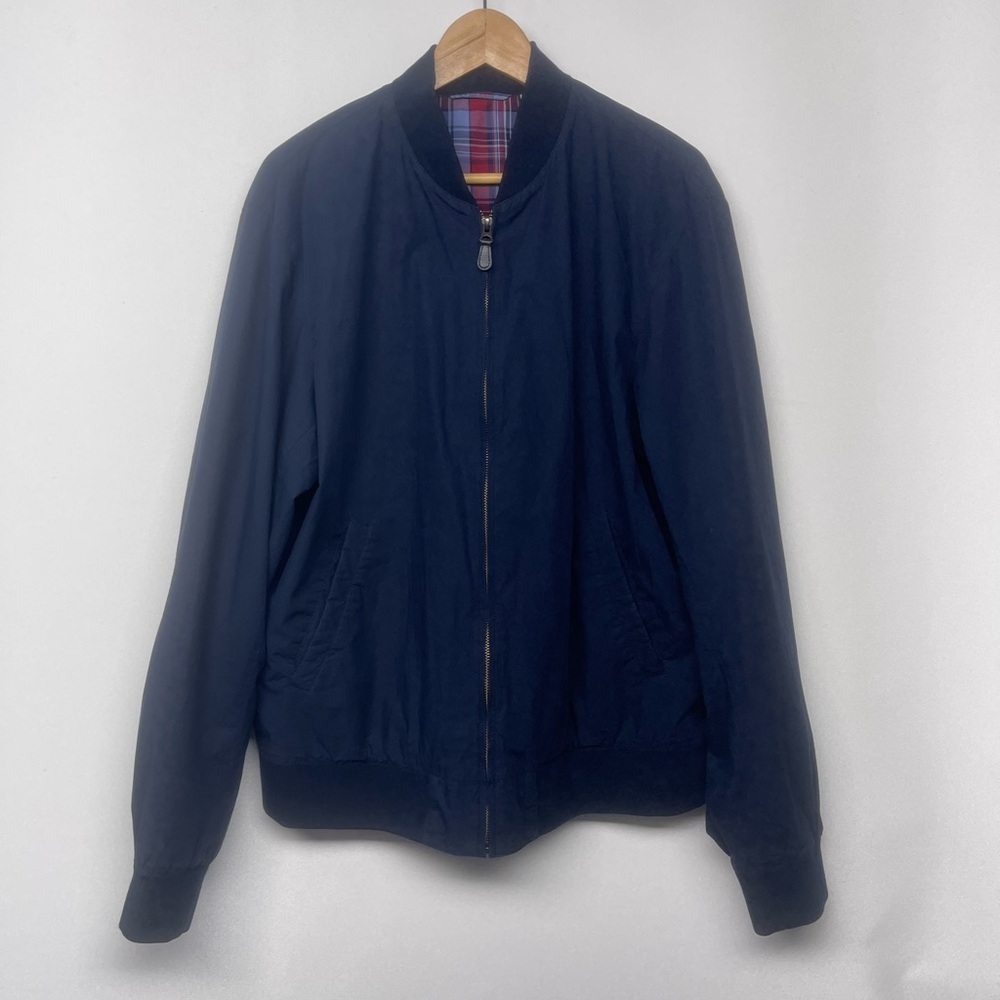 Uniqlo Cotton Rib Bomber Jacket Navy Blue Plaid Lining Men’s Large Preppy